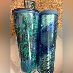 2 New Starbucks Cups Color Changing cold cup + swirl blue travel cup💚💙💚